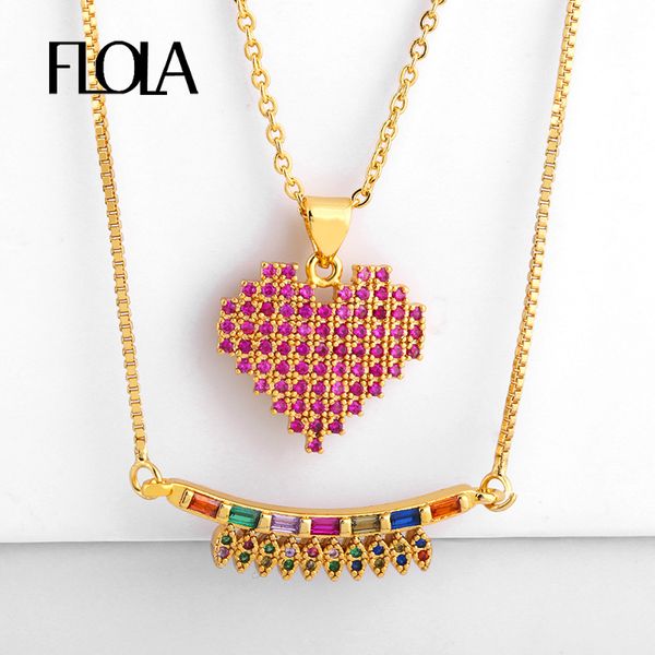 

flola cz heart colored stones necklace long rainbow necklace pendant rainbow jewelry collar con colgante de arcoiris nkep70, Silver