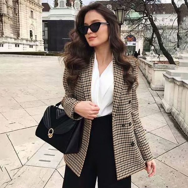 

2020 casual women jacket blazer fashion double breasted plaid blazer female long sleeve slim, White;black