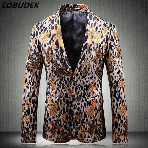 

fashion men leopard velveteen blazers shell pattern leopard blazer casual coat nightclub concert singer host stage suit jackets, White;black