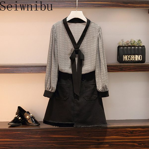 

two piece dress plus size retro women 2 pieces set 2021 spring summer printed chiffon shirts + casual black pencil skirt sets bow suits 5xl, White