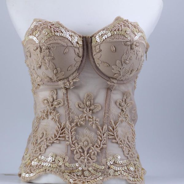 

perspective mesh lace bead bustier pearls diamond push up night club bralette women's bra cropped vest camis plus size, White