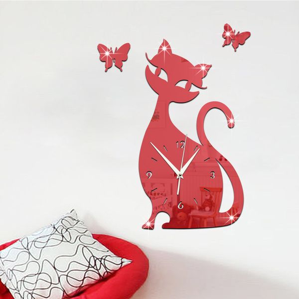 

2020 new qualified selling fast shipping cute cat butterfly mirror black wall clock modern design home decor watch wall