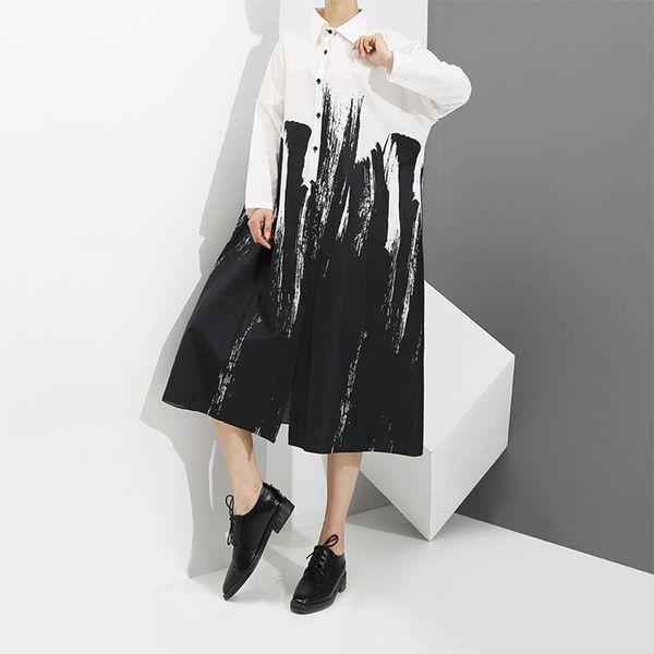 

bohemia women clothing summer vintage printed long shirt dress loose casual black white dresses lady korean plus size dress 2020, Black;gray