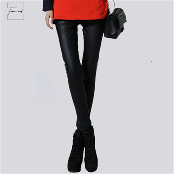 

ladies women pants skinny winter warm leather high waist stretch female stretch elastic slim pencil skinny fleece trousers pz476, Black;white