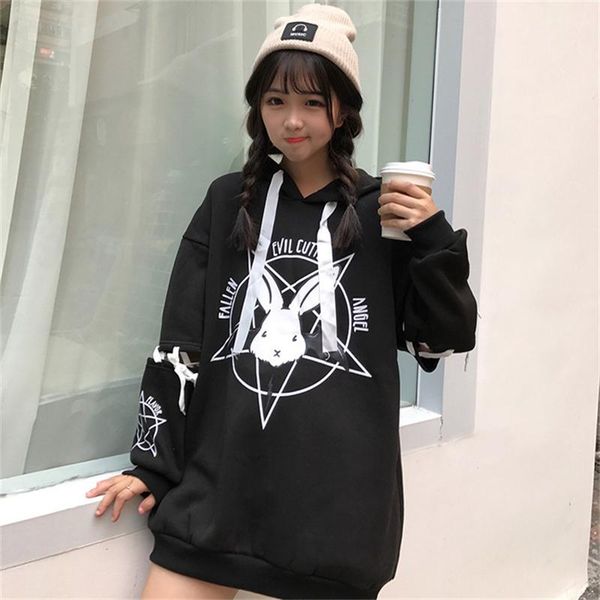 

зима женщины толстовки кофты одежда марка с кроликом печати мультфильм зашнуровать tieback свободные с длинным рукавом женщина толстовка тол, Black