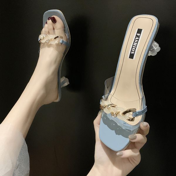 

female shoes slippers women summer med square heel transparent heel heeled mules slides rivet rubber flip flops fashion 2020, Black
