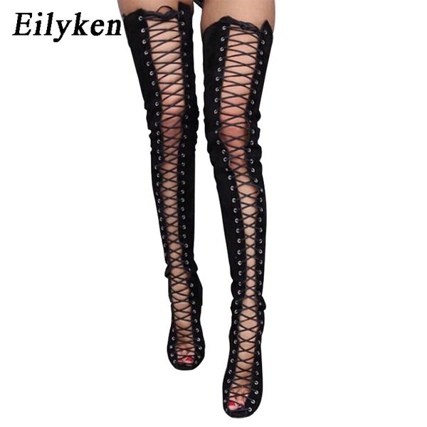 

eilyken women boots high heels over the knee boots fashion prom shoes ladies thigh high women pumps peep toe 12cm, Black