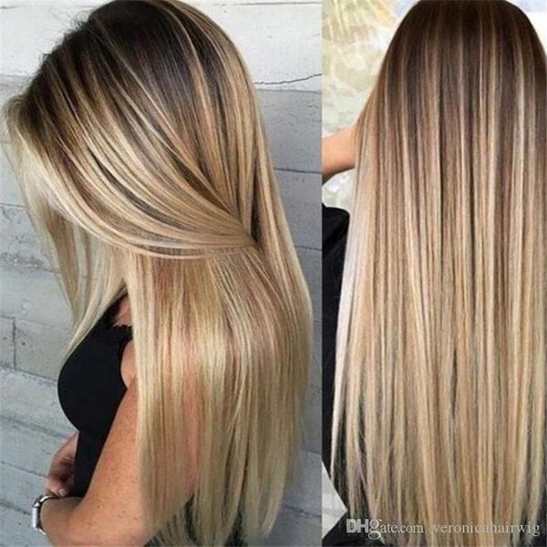 Women Long Lace Front Blonde Straight Natural Wig Ombre Hair