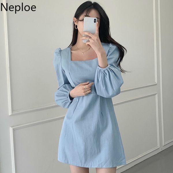 

casual dresses neploe elegant dress women korean chic square collar puff sleeve femme summer 2021 slim waist vestidos 1c859, Black;gray