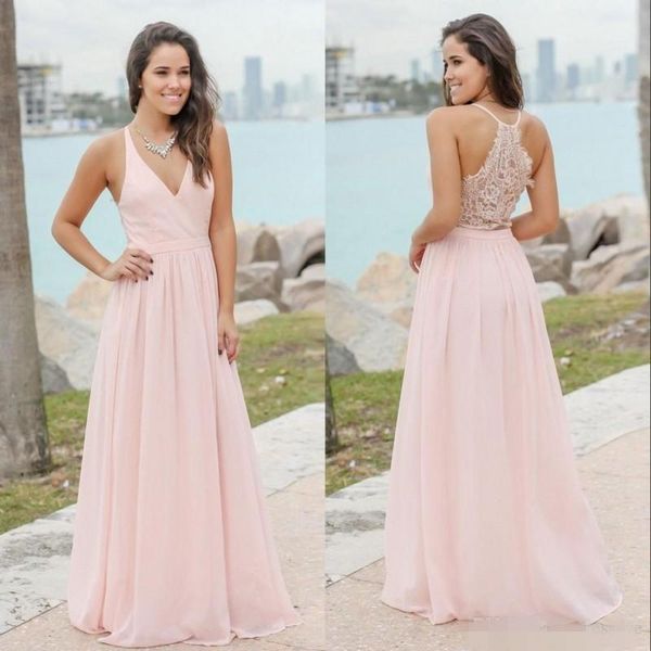 Abiti da damigella d'onore semplici rosa in chiffon lunghezza del pavimento in pizzo damigella d'onore indossano abiti da sera per ospiti di nozze su misura Boho Beach