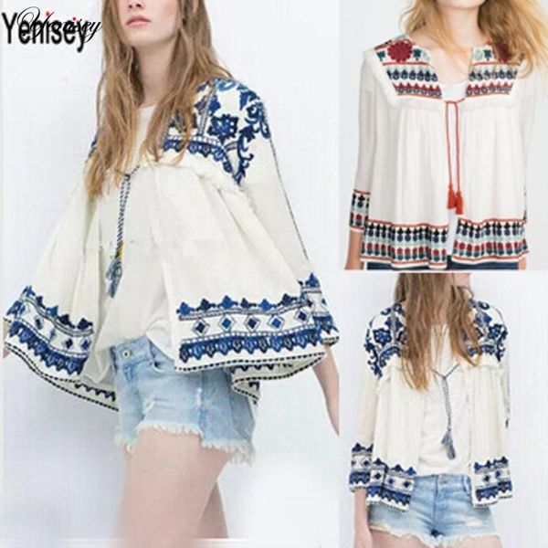 

women vintage retro ethnic fashion jacket women embroidered blue and white flower print loose casual jacket, Black;brown