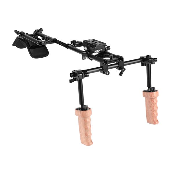 

camvate pro shoulder mount 15mm rod supporting rig with manfrotto qr plate & wooden handgrip pair for hdslr camera / dv camcorder c2267