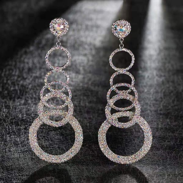 

iced out dangle earrings for women luxury designer bling diamond dangling earrings circle crytal bridal wedding engagement jewelry love gift, Silver
