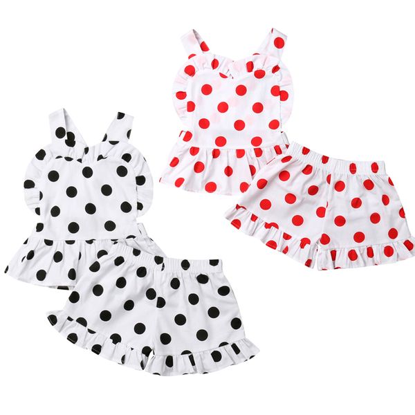 

summer cute lovely toddler kids baby girls clothes sets 2pcs ruffles sleeve dot print backless +shorts 0-3y, White