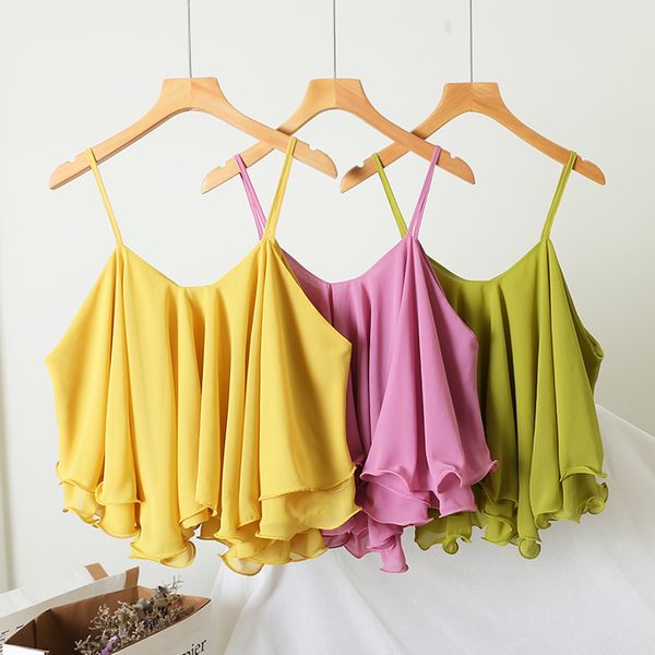 

sleeveless camisole shirt women's holiday beach petal edge sling vest chic girls solid color chiffon blouse crop, White