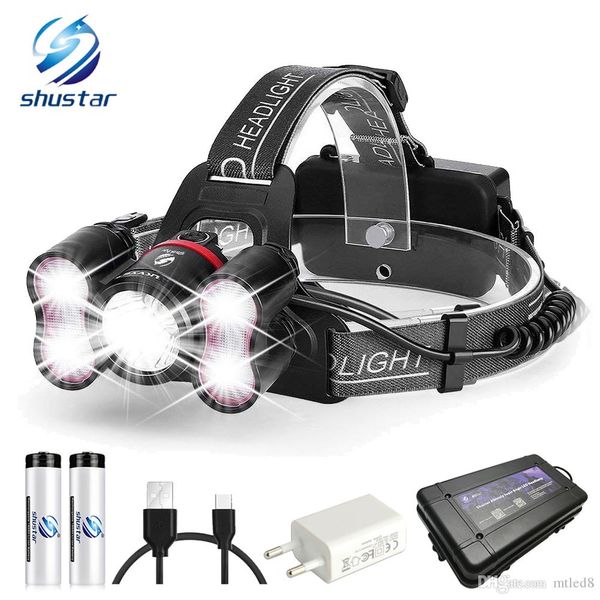 

5 leds super bright led headlamp 10000 lumens led headlighr 4 switch modes fishing lamp waterproof headlight +2x 18650 batteries