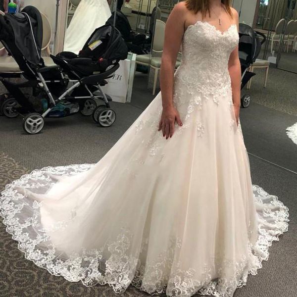 

arabric strapless lace appliques wedding dresses 2020 sweetheart sweep train zipper back wedding bridal gowns vestidoe de noiva, White