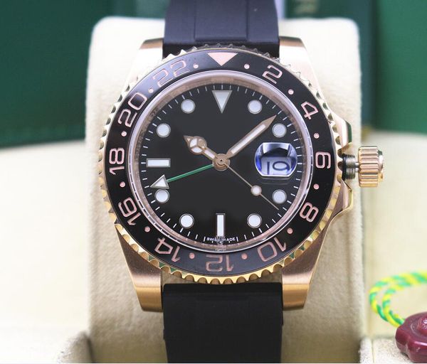 

factory supplier wristwatches 18k pink gold 116710 gmt rubber bracelet ceramic black dial 40mm automatic mens watch watches, Slivery;brown