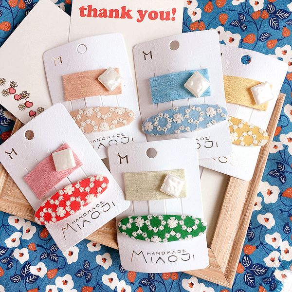 

korea style girl hair clips ethnic style embroidery oval square bb hair pins for women children fashion accessories, Slivery;white