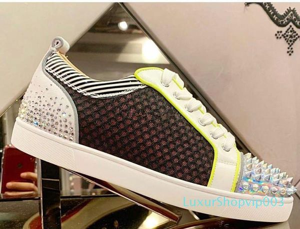 

2019 new luxury designer spikes mesh leather strass shoes red bottom shoes for men,women casual walking chaussures homme eu35-46, Black