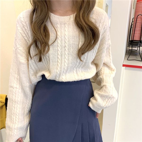 

hzirip fresh soft warm loose stylish solid twisted 2019 all-match new autumn chic sweet brief women pullovers knitted sweaters, White;black
