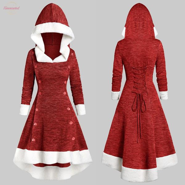 

christmas dress solid women womens long sleeve vintage strappy insert mock button hooded high low midi dress autumn, Black;gray