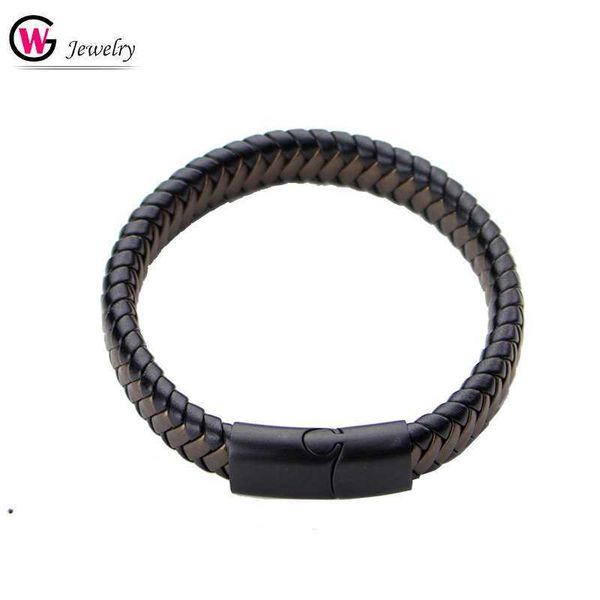 

masculina punk men jewelry black braided leather bracelet stainless steel magnetic clasp buckle fashion bangles friendship femme, White