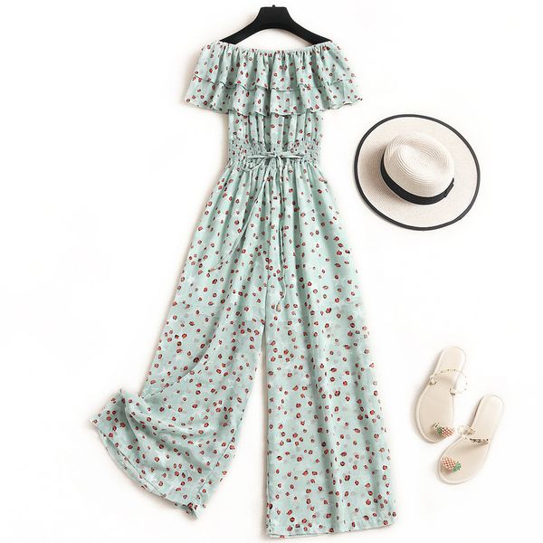 

women fashion printed chiffon slash neck off shoulder rompers 2020 summer double ruffle temperament belt tie wide leg jumpsuit, Black;white