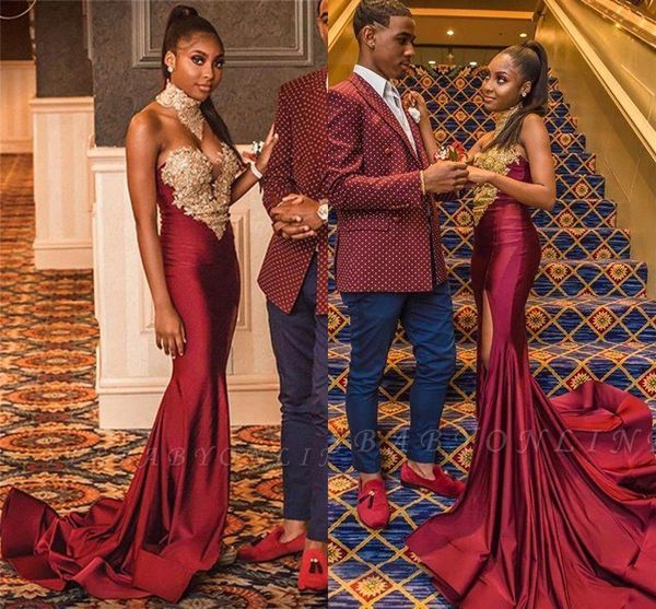 

2020 африканских девочек бургундские выпускные платья с золотым шитьем appliqued высокой шеи mermaid сплит вечерние платья поезд стреловидно, Black