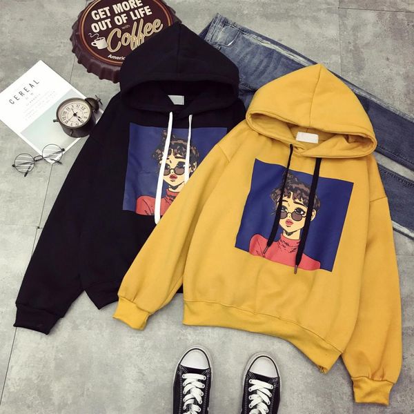 

2019 winter korean harajuku hooded women sweatshirts cool girl print thickening female hoodies ulzzang bf student hooded clothes, Black