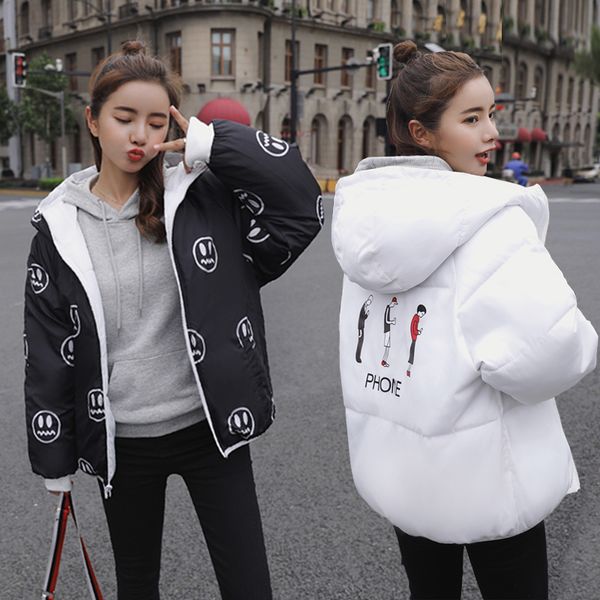 

women winter new pockets zipper cartoon drop shoulder hooded outerwear female loose casual comfortable outerwear zx1185, Black