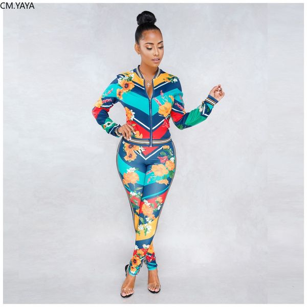 

autumn women floral stripes print trench & skinny pants suit two piece set party tracksuit outfit sporting overalls gl5045, White