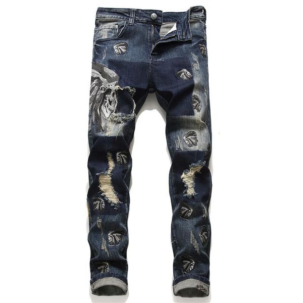 

mcikkny men's ripped holes jean pants fashion pleated embroidery denim trousers male streewear size 29-38, Blue