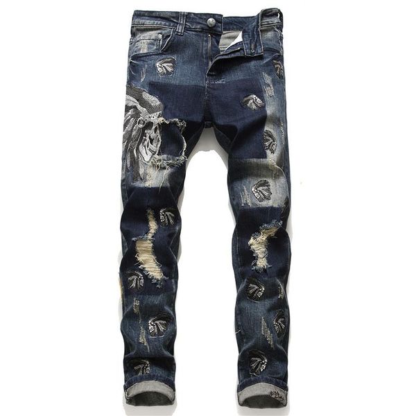 

mcikkny men's ripped holes jean pants fashion pleated embroidery denim trousers male streewear size 29-38, Blue