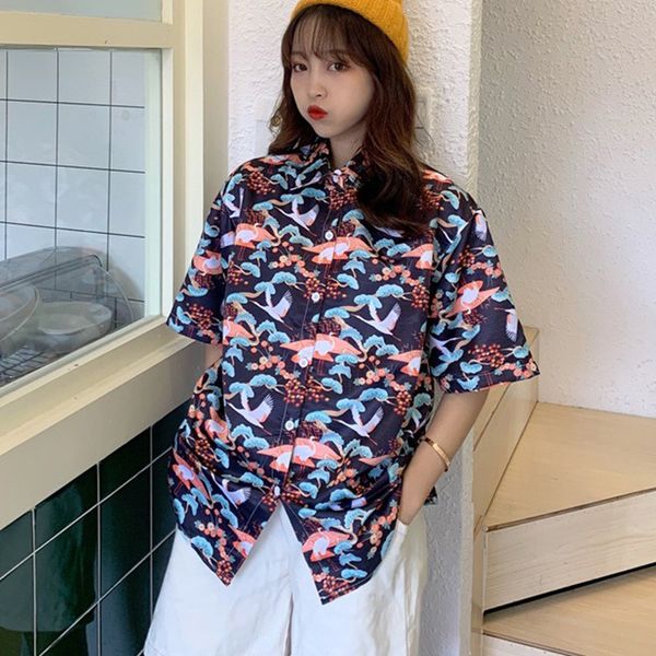 

женщины летняя мода ретро стиль свободные дикий принт с короткими рукавами отложным воротником рубашки черные блузки повседневные топы, White