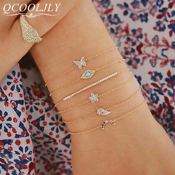 

6 pcs/set punk butterfly eye star moon leaves crystal gem shiny gold multilayer chain bracelet set women exquisite party jewelry, Golden;silver