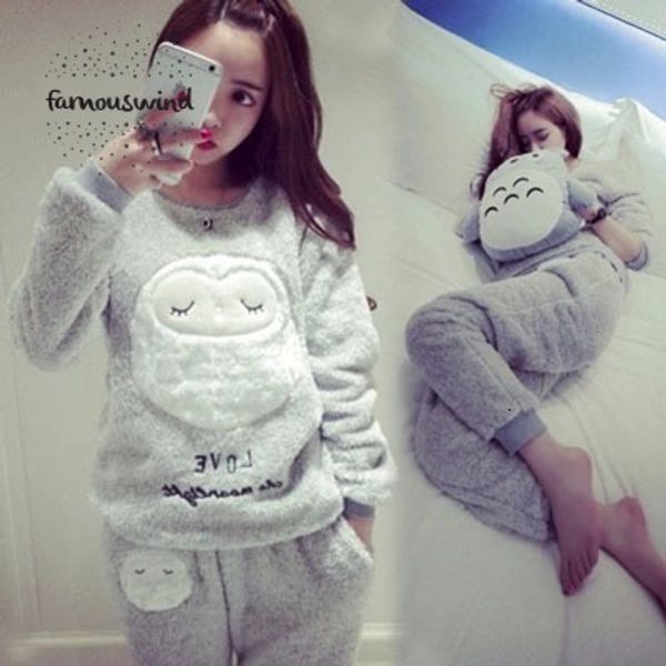

thick round neck pajama women flannel warm female winter set long sleeve animal trousers two piece pajamas full cartoon owl, Black;red