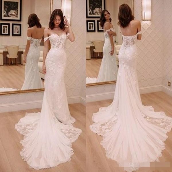 

2019 elegant off the shoulder mermaid wedding dresses chiffon lace applique chapel train country wedding bridal gown custom made plus size, White
