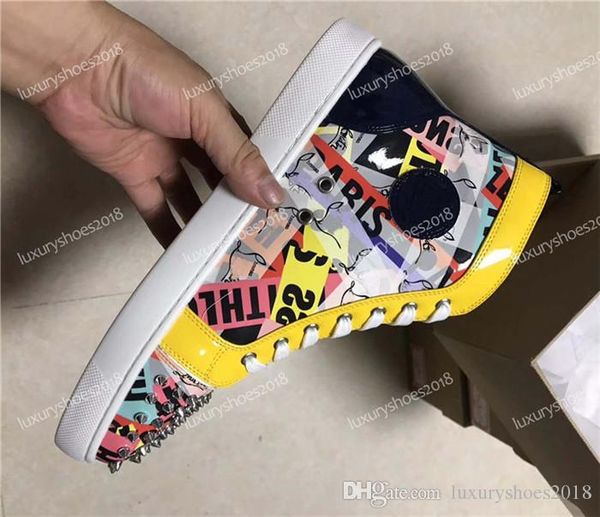

2019 designer shoes studded spikes flats high sneakers red bottoms shoes mens womens party lovers graffiti leather sneakers, Black