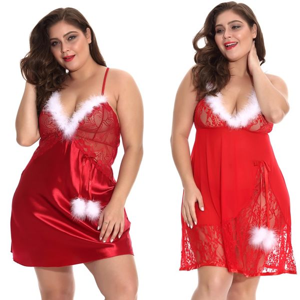 Lace Floral Mulheres Sexy Christmas Red malha Babydoll com guarnição fuzzy branco com Panty Set Para Big senhorita Santa Plus Size S-4X Lingerie