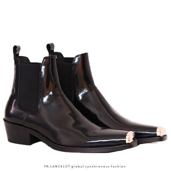 

handmade low-bright real patent leather comfortable men boots slim fit pointed toe simple style business shoe, Black