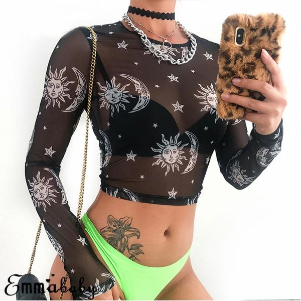 

2019 женщины сексуальная harajuku сетки топы с длинным рукавом see through футболка прозрачный солнце луна звезда печати футболка femininas, White