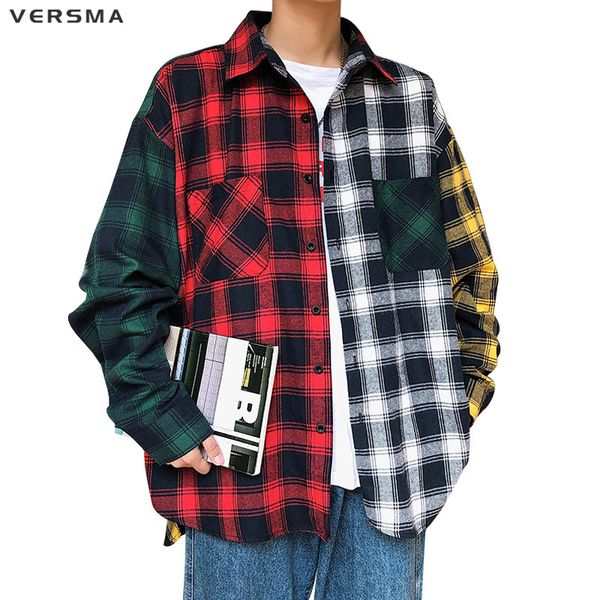 

versma korean harajuku bf oversized patchwork checkered plaid shirt men autumn high street hip hop shirt men dropshipping, White;black
