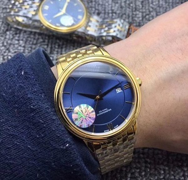 

2019 seller new luxury watches gold ville blue dial gold bezel dial swiss automatic mechanical mens sport watch stainles steel strap, Slivery;brown