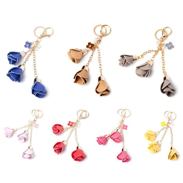 

7 colors charm leather rose flower key chains cute tassel flower keychains women keychain bag purse pendant jewelry, Silver