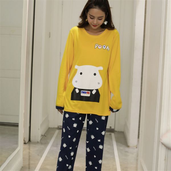 

autumn and winter pajamas suit women casual long-sleeved korean cartoon cow cute 2 piece suit home furnishing large size pajama, Blue;gray