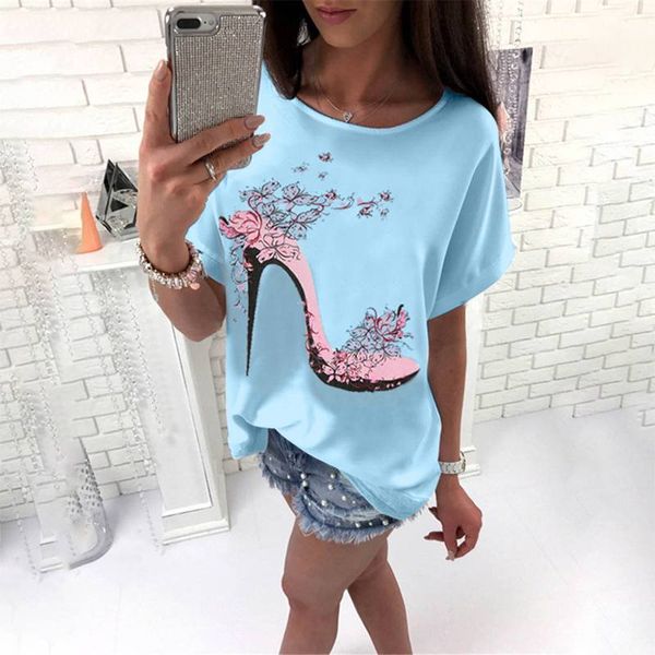 

women's t-shirt korean summer fashion women casual short sleeve tees o-neck high heel print t shirts office ladies plus size 3xl, White