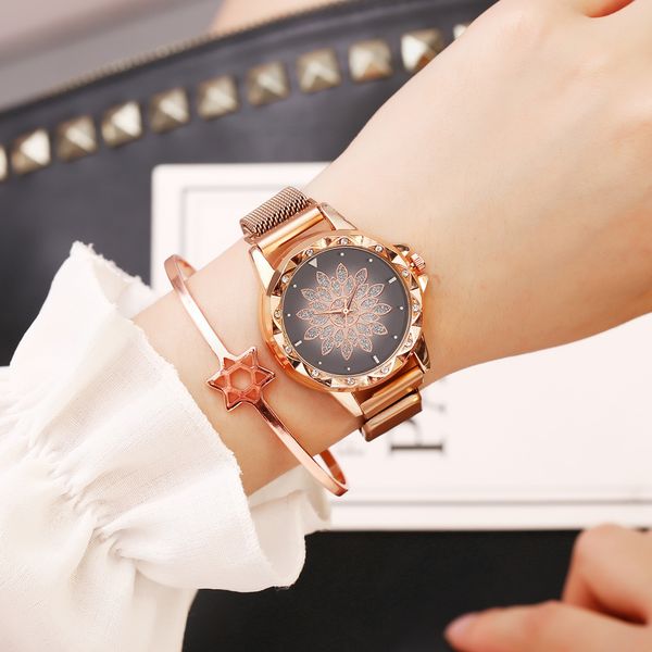 

women bracelet watch for women luxury rose gold flower dial wristwatches 2019 ladies fashion quartz female clock dropshipping, Slivery;brown