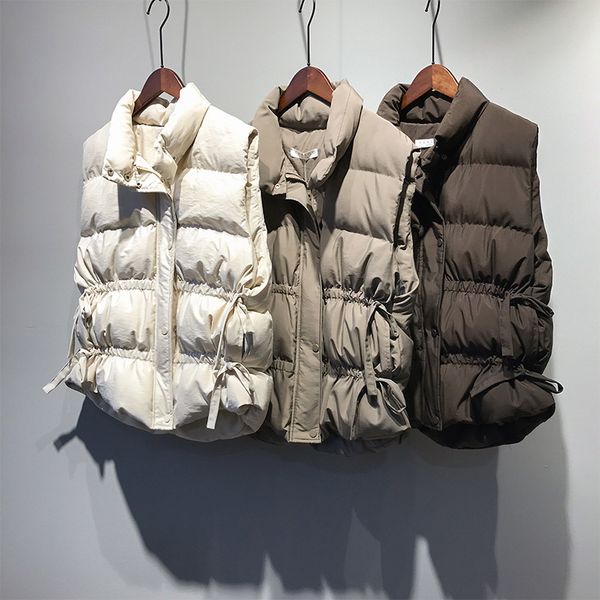 

hlhpyhb winter woman thick warm cotton vest coat female drawstring parka vest autumn femal stand collar outwear waistcoat, Black;white