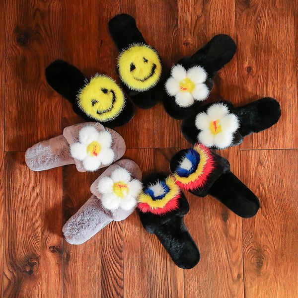 

flower flat shoes female cover toe plush slippers for adults luxury slides shose women low pantofle fur designer 2019 fabric, Black